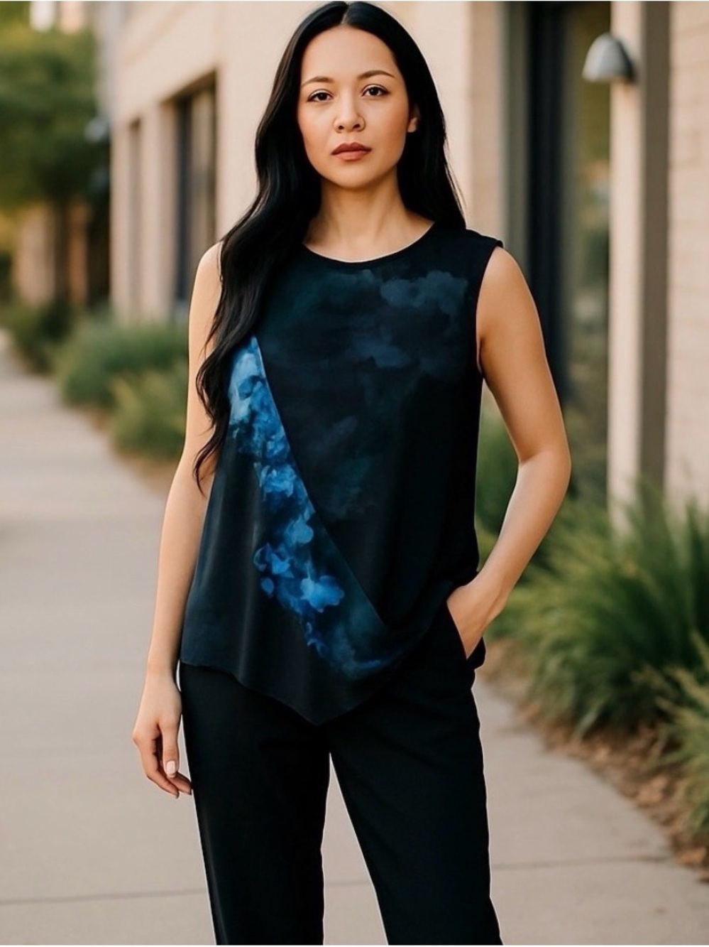 Ruff Hewn Black Sleeveless Tank with Blue Watercolor Detail